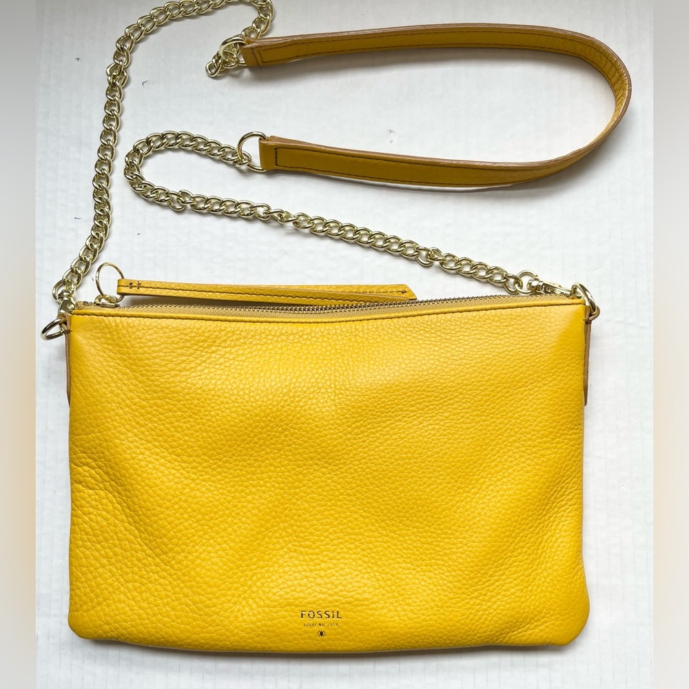 Fossil Pebbled Leather Crossbody Shoulder Bag Purse Yellow Gold Top Zip.